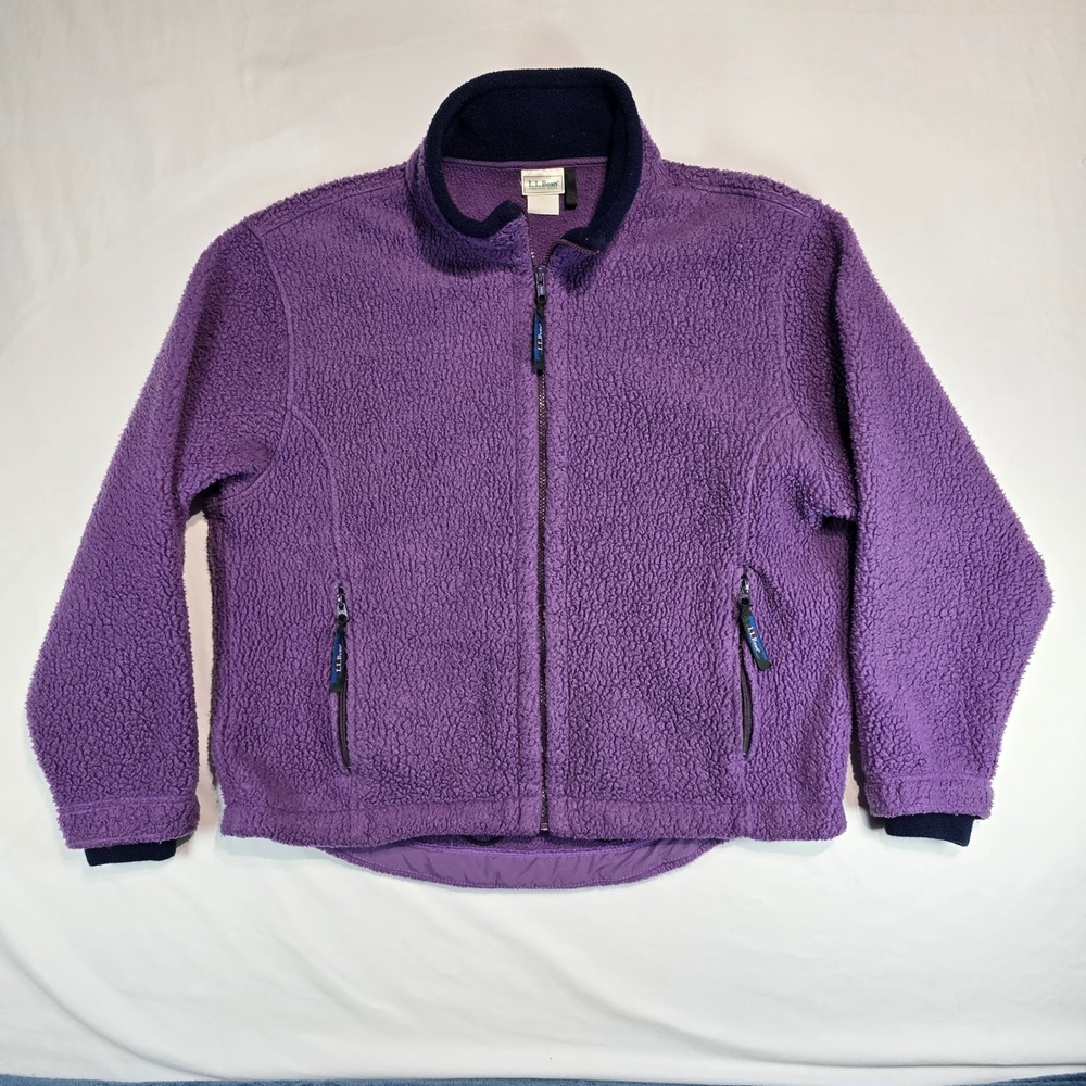 LL Bean Womens Full Zip Sherpa Pile Fleece Jacket Purple Navy Trim Large L